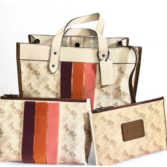 Coach FIELD TOTE WITH Charlie Pouch HORSE AND CARRIAGE PRINT with VARSITY Stripe - Picture 1 of 6